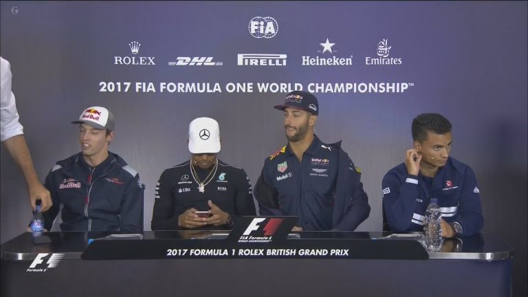 Lielbritānijas GP preses konference – Kvjats, Hamiltons, Rikjardo, Verleins