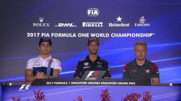 Singapūras GP preses konference – Rikjardo, Strols, Magnusens