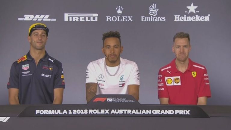 Austrālijas GP preses konference ar Hamiltonu, Fetelu un Rikjardo
