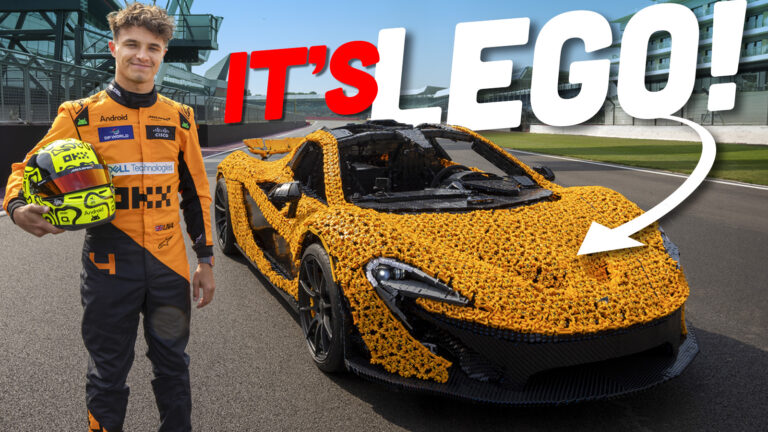 Lando Noriss Silverstonā izmēģina no ‘Lego’ klucīšiem uzbūvētu ‘McLaren P1’